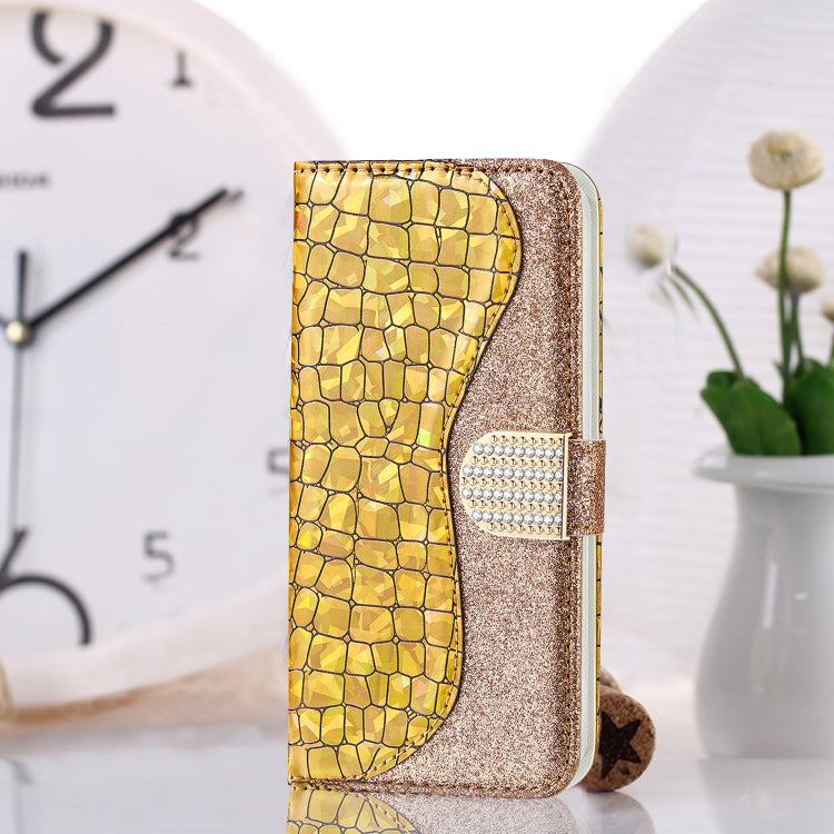 For Samsung Galaxy A22 5G Laser Glitter Powder Matching Crocodile Texture Horizontal Flip Leather Case with Card Slots & Holder & Wallet(Gold) by buy2fix