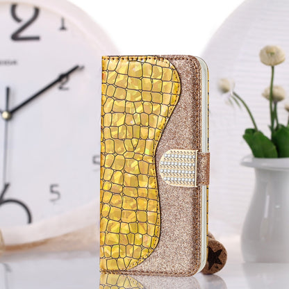 For Samsung Galaxy A22 5G Laser Glitter Powder Matching Crocodile Texture Horizontal Flip Leather Case with Card Slots & Holder & Wallet(Gold) by buy2fix