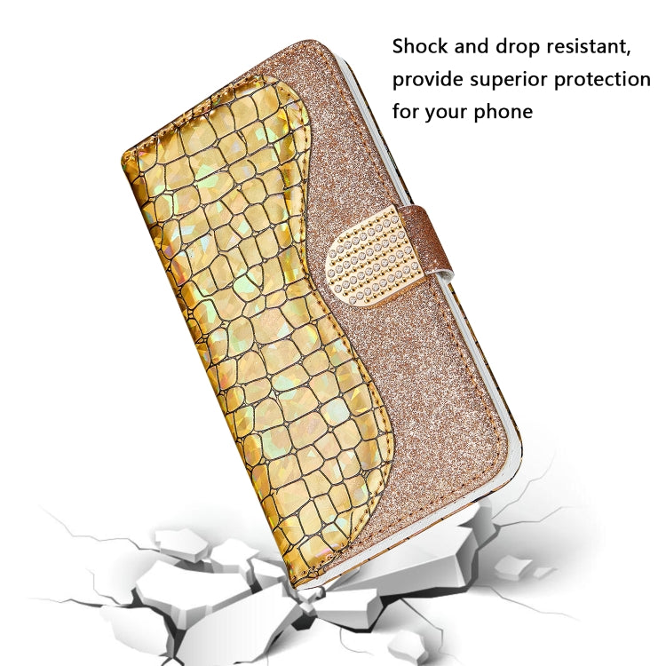 For Samsung Galaxy A22 5G Laser Glitter Powder Matching Crocodile Texture Horizontal Flip Leather Case with Card Slots & Holder & Wallet(Gold) by buy2fix