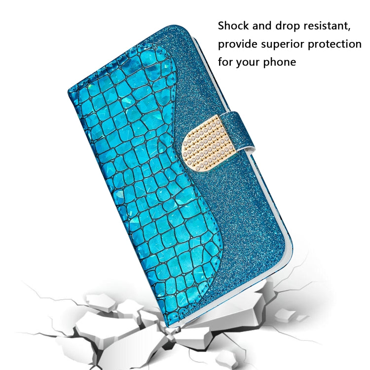 For Samsung Galaxy A22 5G Laser Glitter Powder Matching Crocodile Texture Horizontal Flip Leather Case with Card Slots & Holder & Wallet(Blue) by buy2fix