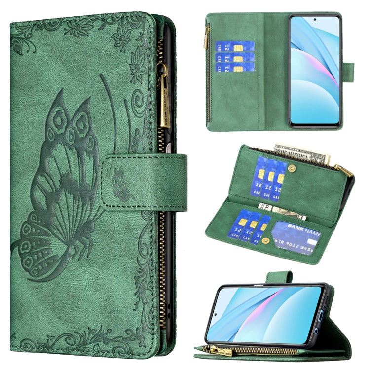 For Xiaomi Mi 10T Lite 5G Flying Butterfly Embossing Pattern Zipper Horizontal Flip Leather Case with Holder & Card Slots & Wallet(Green) by buy2fix