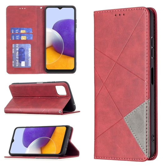 For Samsung Galaxy A22 5G Rhombus Texture Horizontal Flip Magnetic Leather Case with Holder & Card Slots(Red) by buy2fix