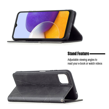 For Samsung Galaxy A22 5G Rhombus Texture Horizontal Flip Magnetic Leather Case with Holder & Card Slots(Black) by buy2fix