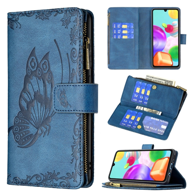 For Samsung Galaxy A41 Flying Butterfly Embossing Pattern Zipper Horizontal Flip Leather Case with Holder & Card Slots & Wallet(Blue) by buy2fix