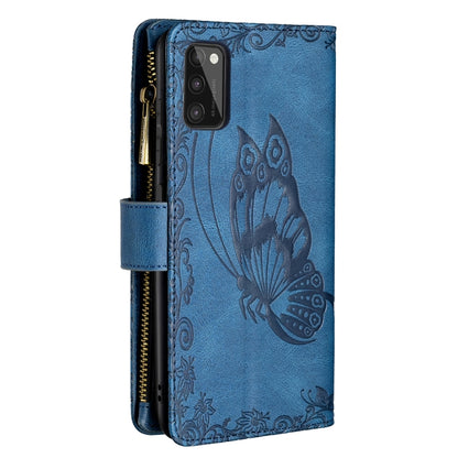For Samsung Galaxy A41 Flying Butterfly Embossing Pattern Zipper Horizontal Flip Leather Case with Holder & Card Slots & Wallet(Blue) by buy2fix