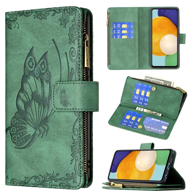 For Samsung Galaxy A52 4G / 5G Flying Butterfly Embossing Pattern Zipper Horizontal Flip Leather Case with Holder & Card Slots & Wallet(Green) by buy2fix
