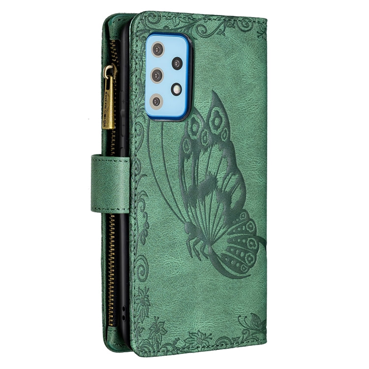 For Samsung Galaxy A52 4G / 5G Flying Butterfly Embossing Pattern Zipper Horizontal Flip Leather Case with Holder & Card Slots & Wallet(Green) by buy2fix