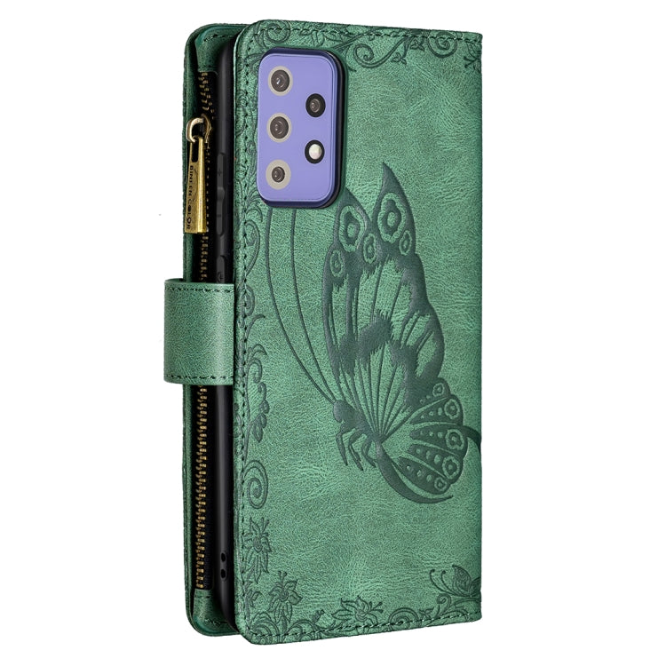 For Samsung Galaxy A72 4G / 5G Flying Butterfly Embossing Pattern Zipper Horizontal Flip Leather Case with Holder & Card Slots & Wallet(Green) by buy2fix