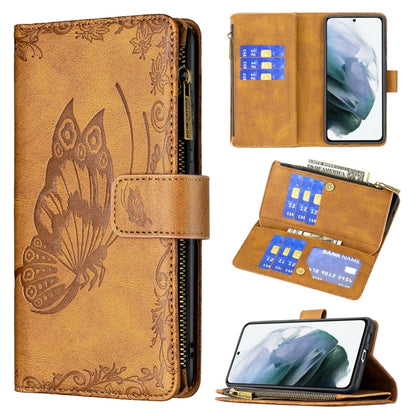For Samsung Galaxy S21 FE Flying Butterfly Embossing Pattern Zipper Horizontal Flip Leather Case with Holder & Card Slots & Wallet(Brown) by buy2fix