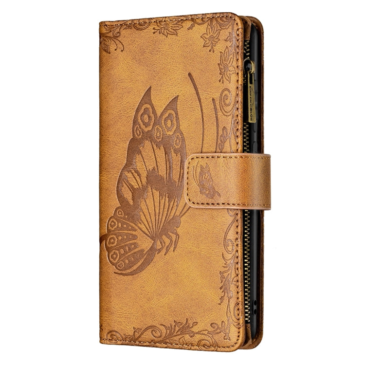 For Samsung Galaxy S21 FE Flying Butterfly Embossing Pattern Zipper Horizontal Flip Leather Case with Holder & Card Slots & Wallet(Brown) by buy2fix