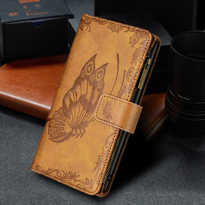For Samsung Galaxy S21 FE Flying Butterfly Embossing Pattern Zipper Horizontal Flip Leather Case with Holder & Card Slots & Wallet(Brown) by buy2fix