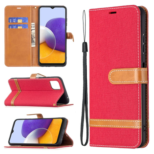 For Samsung Galaxy A22 5G Color Matching Denim Texture Horizontal Flip Leather Case with Holder & Card Slots & Wallet & Lanyard(Red) by buy2fix