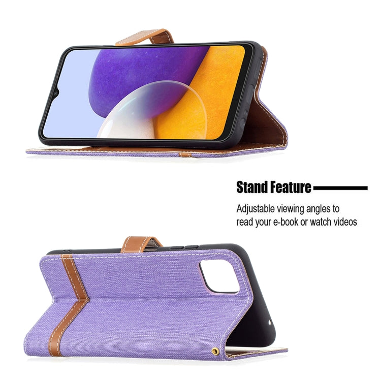For Samsung Galaxy A22 5G Color Matching Denim Texture Horizontal Flip Leather Case with Holder & Card Slots & Wallet & Lanyard(Purple) by buy2fix