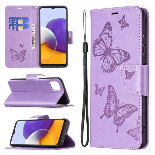 For Samsung Galaxy A22 5G Embossing Two Butterflies Pattern Horizontal Flip PU Leather Case with Holder & Card Slot & Wallet & Lanyard(Purple) by buy2fix