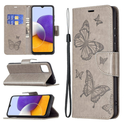 For Samsung Galaxy A22 5G Embossing Two Butterflies Pattern Horizontal Flip PU Leather Case with Holder & Card Slot & Wallet & Lanyard(Gray) by buy2fix