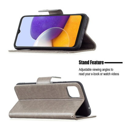 For Samsung Galaxy A22 5G Embossing Two Butterflies Pattern Horizontal Flip PU Leather Case with Holder & Card Slot & Wallet & Lanyard(Gray) by buy2fix