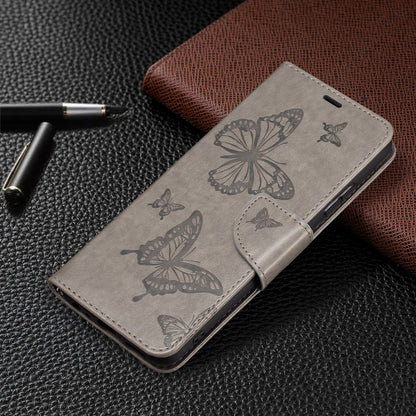 For Samsung Galaxy A22 5G Embossing Two Butterflies Pattern Horizontal Flip PU Leather Case with Holder & Card Slot & Wallet & Lanyard(Gray) by buy2fix