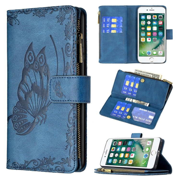 For iPhone 8 / 7 Flying Butterfly Embossing Pattern Zipper Horizontal Flip Leather Case with Holder & Card Slots & Wallet(Blue) by buy2fix