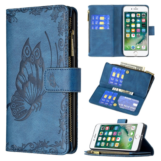 For iPhone 8 / 7 Flying Butterfly Embossing Pattern Zipper Horizontal Flip Leather Case with Holder & Card Slots & Wallet(Blue) by buy2fix
