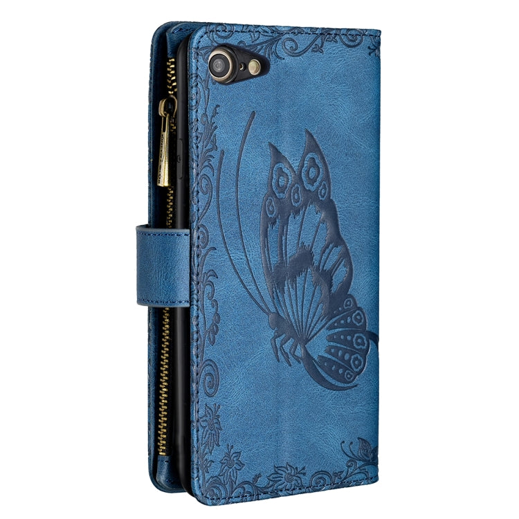 For iPhone 8 / 7 Flying Butterfly Embossing Pattern Zipper Horizontal Flip Leather Case with Holder & Card Slots & Wallet(Blue) by buy2fix