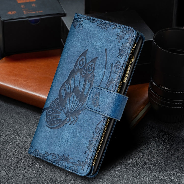 For iPhone 8 / 7 Flying Butterfly Embossing Pattern Zipper Horizontal Flip Leather Case with Holder & Card Slots & Wallet(Blue) by buy2fix