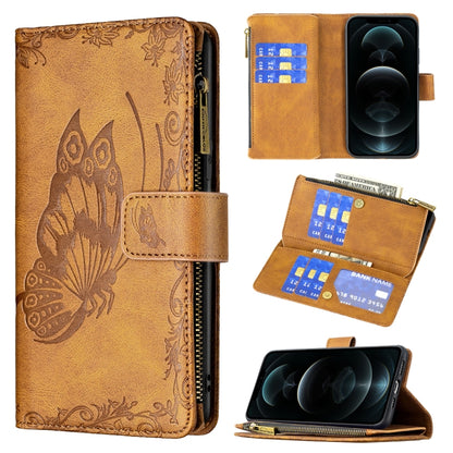 For iPhone 12 Pro Flying Butterfly Embossing Pattern Zipper Horizontal Flip Leather Case with Holder & Card Slots & Wallet(Brown) by buy2fix