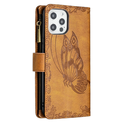For iPhone 12 Pro Flying Butterfly Embossing Pattern Zipper Horizontal Flip Leather Case with Holder & Card Slots & Wallet(Brown) by buy2fix