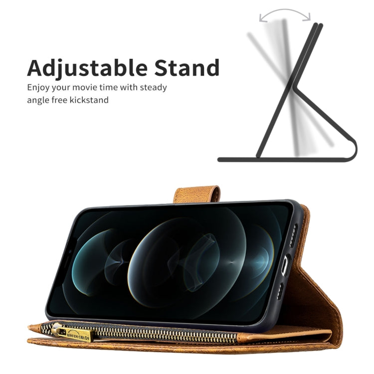 For iPhone 12 Pro Flying Butterfly Embossing Pattern Zipper Horizontal Flip Leather Case with Holder & Card Slots & Wallet(Brown) by buy2fix