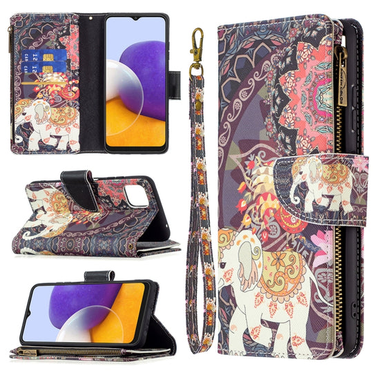 For Samsung Galaxy A22 5G Colored Drawing Pattern Zipper Horizontal Flip Leather Case with Holder & Card Slots & Wallet(Flower Elephants)