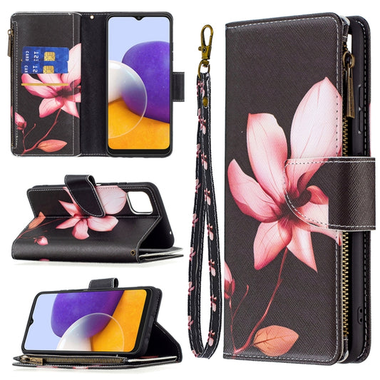 For Samsung Galaxy A22 5G Colored Drawing Pattern Zipper Horizontal Flip Leather Case with Holder & Card Slots & Wallet(Lotus) by buy2fix