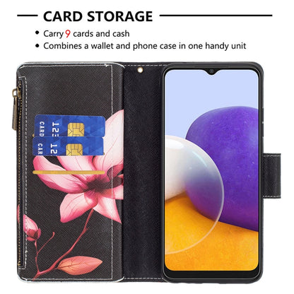 For Samsung Galaxy A22 5G Colored Drawing Pattern Zipper Horizontal Flip Leather Case with Holder & Card Slots & Wallet(Lotus) by buy2fix