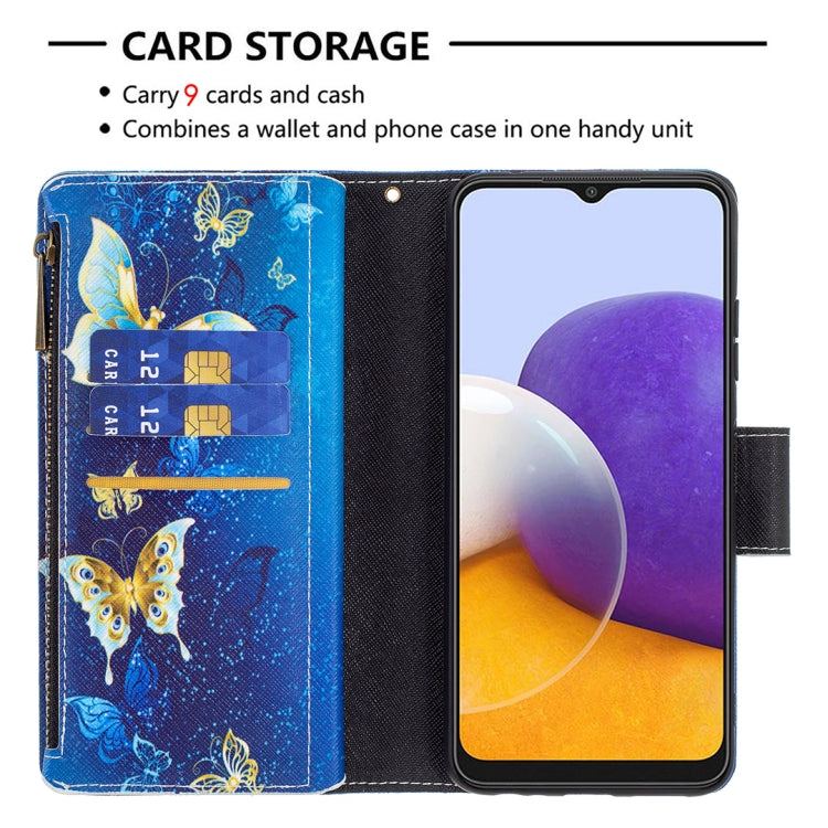 For Samsung Galaxy A22 5G Colored Drawing Pattern Zipper Horizontal Flip Leather Case with Holder & Card Slots & Wallet(Gold Butterfly) by buy2fix