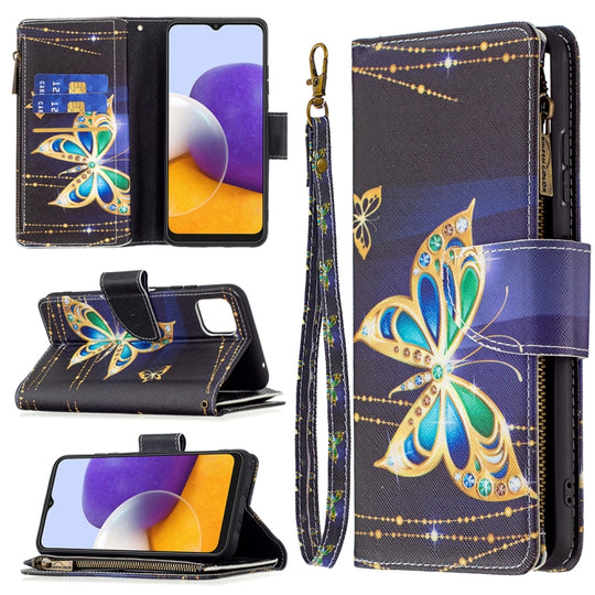 For Samsung Galaxy A22 5G Colored Drawing Pattern Zipper Horizontal Flip Leather Case with Holder & Card Slots & Wallet(Big Butterfly)