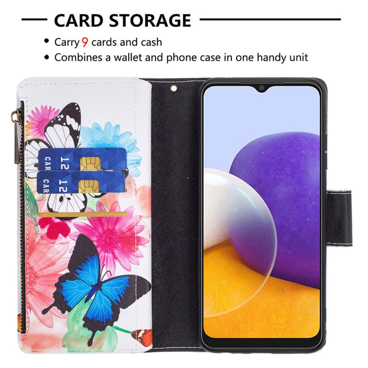 For Samsung Galaxy A22 5G Colored Drawing Pattern Zipper Horizontal Flip Leather Case with Holder & Card Slots & Wallet(Two Butterflies) by buy2fix
