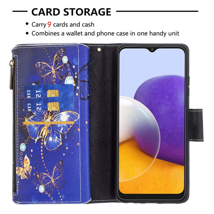For Samsung Galaxy A22 5G Colored Drawing Pattern Zipper Horizontal Flip Leather Case with Holder & Card Slots & Wallet(Purple Butterfly) by buy2fix
