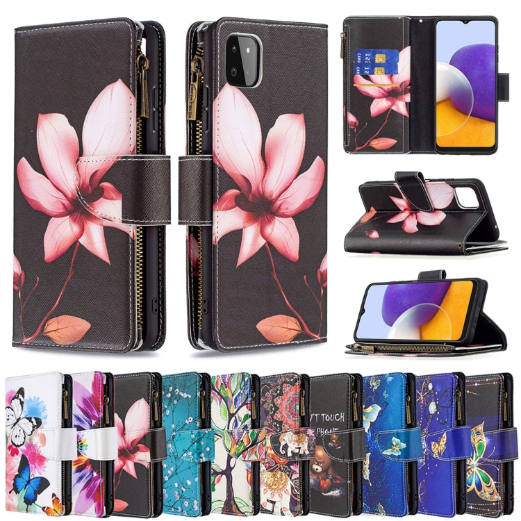 For Samsung Galaxy A22 5G Colored Drawing Pattern Zipper Horizontal Flip Leather Case with Holder & Card Slots & Wallet(Purple Butterfly) by buy2fix