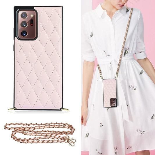 For Samsung Galaxy Note20 Ultra Elegant Rhombic Pattern Microfiber Leather +TPU Shockproof Case with Crossbody Strap Chain(Pink) by buy2fix