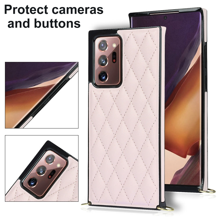 For Samsung Galaxy Note20 Ultra Elegant Rhombic Pattern Microfiber Leather +TPU Shockproof Case with Crossbody Strap Chain(Pink) by buy2fix