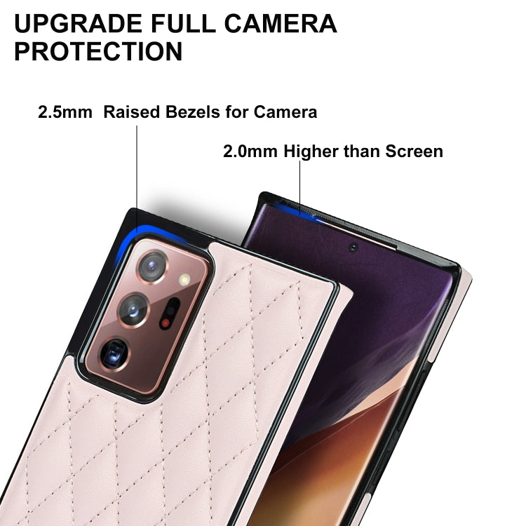 For Samsung Galaxy Note20 Ultra Elegant Rhombic Pattern Microfiber Leather +TPU Shockproof Case with Crossbody Strap Chain(Pink) by buy2fix