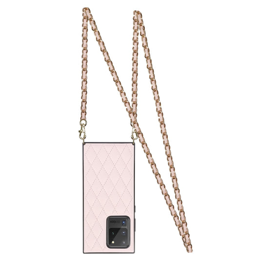 For Samsung Galaxy S20 Ultra Elegant Rhombic Pattern Microfiber Leather +TPU Shockproof Case with Crossbody Strap Chain(Pink) by buy2fix