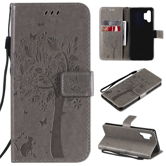 For Samsung Galaxy A32 4G Tree & Cat Pattern Pressed Printing Horizontal Flip PU Leather Case with Holder & Card Slots & Wallet & Lanyard(Gray) by buy2fix