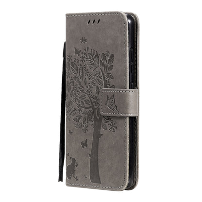 For Samsung Galaxy A32 4G Tree & Cat Pattern Pressed Printing Horizontal Flip PU Leather Case with Holder & Card Slots & Wallet & Lanyard(Gray) by buy2fix