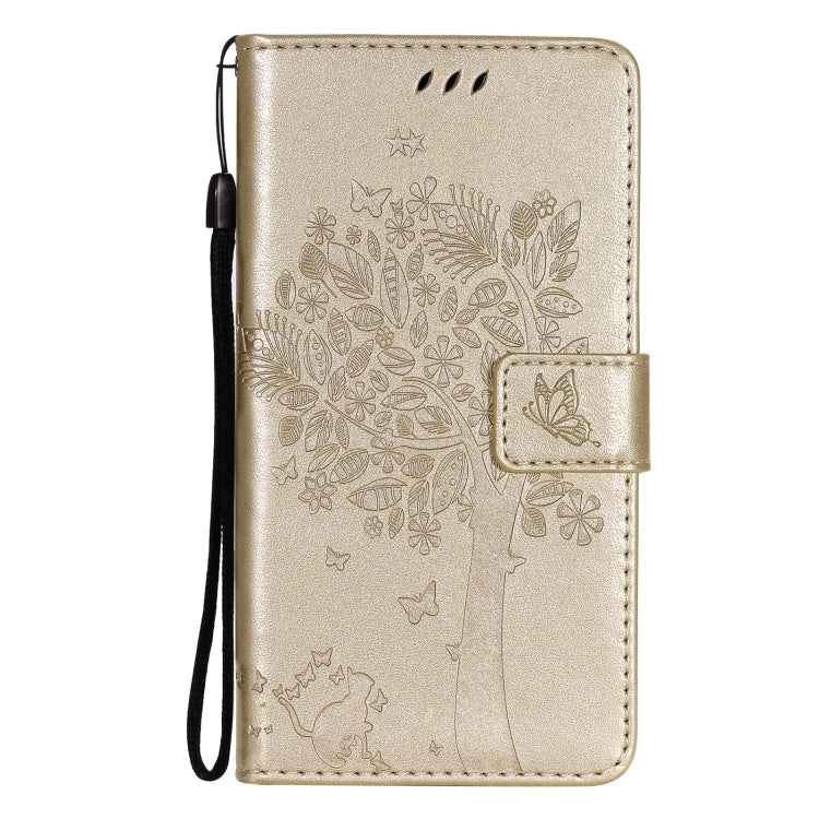 For Samsung Galaxy S21 FE Tree & Cat Pattern Pressed Printing Horizontal Flip PU Leather Case with Holder & Card Slots & Wallet & Lanyard(Gold) by buy2fix