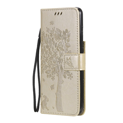 For Samsung Galaxy S21 FE Tree & Cat Pattern Pressed Printing Horizontal Flip PU Leather Case with Holder & Card Slots & Wallet & Lanyard(Gold) by buy2fix