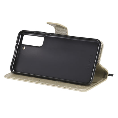 For Samsung Galaxy S21 FE Tree & Cat Pattern Pressed Printing Horizontal Flip PU Leather Case with Holder & Card Slots & Wallet & Lanyard(Gold) by buy2fix