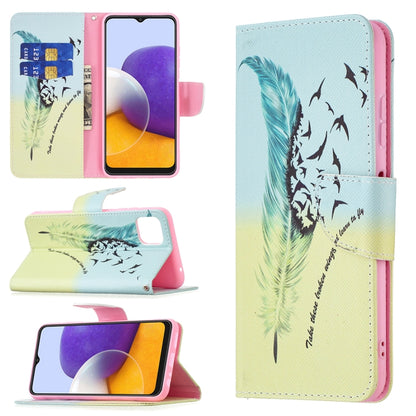 For Samsung Galaxy A22 5G Colored Drawing Pattern Horizontal Flip Leather Case with Holder & Card Slots & Wallet(Feather) by buy2fix