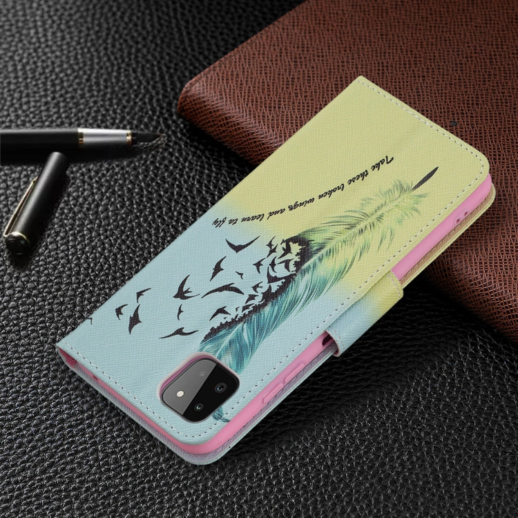 For Samsung Galaxy A22 5G Colored Drawing Pattern Horizontal Flip Leather Case with Holder & Card Slots & Wallet(Feather) by buy2fix