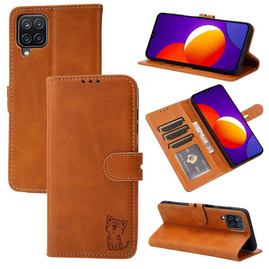 For Samsung Galaxy A22 4G Embossed Happy Cat Pattern Horizontal Flip Leather Case with Holder & Card Slots & Wallet(Yellow) by buy2fix