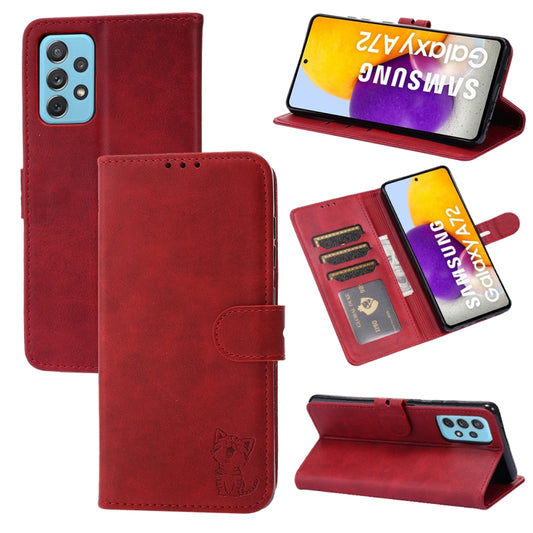 For Samsung Galaxy A52 5G / 4G Embossed Happy Cat Pattern Horizontal Flip Leather Case with Holder & Card Slots & Wallet(Red) by buy2fix
