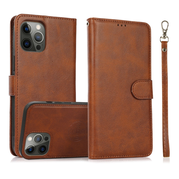 For iPhone 12 / 12 Pro Calf Texture 2 in 1 Detachable Magnetic Back Cover Horizontal Flip Leather Case with Holder & Card Slots & Wallet & Photo Frame(Brown) by buy2fix